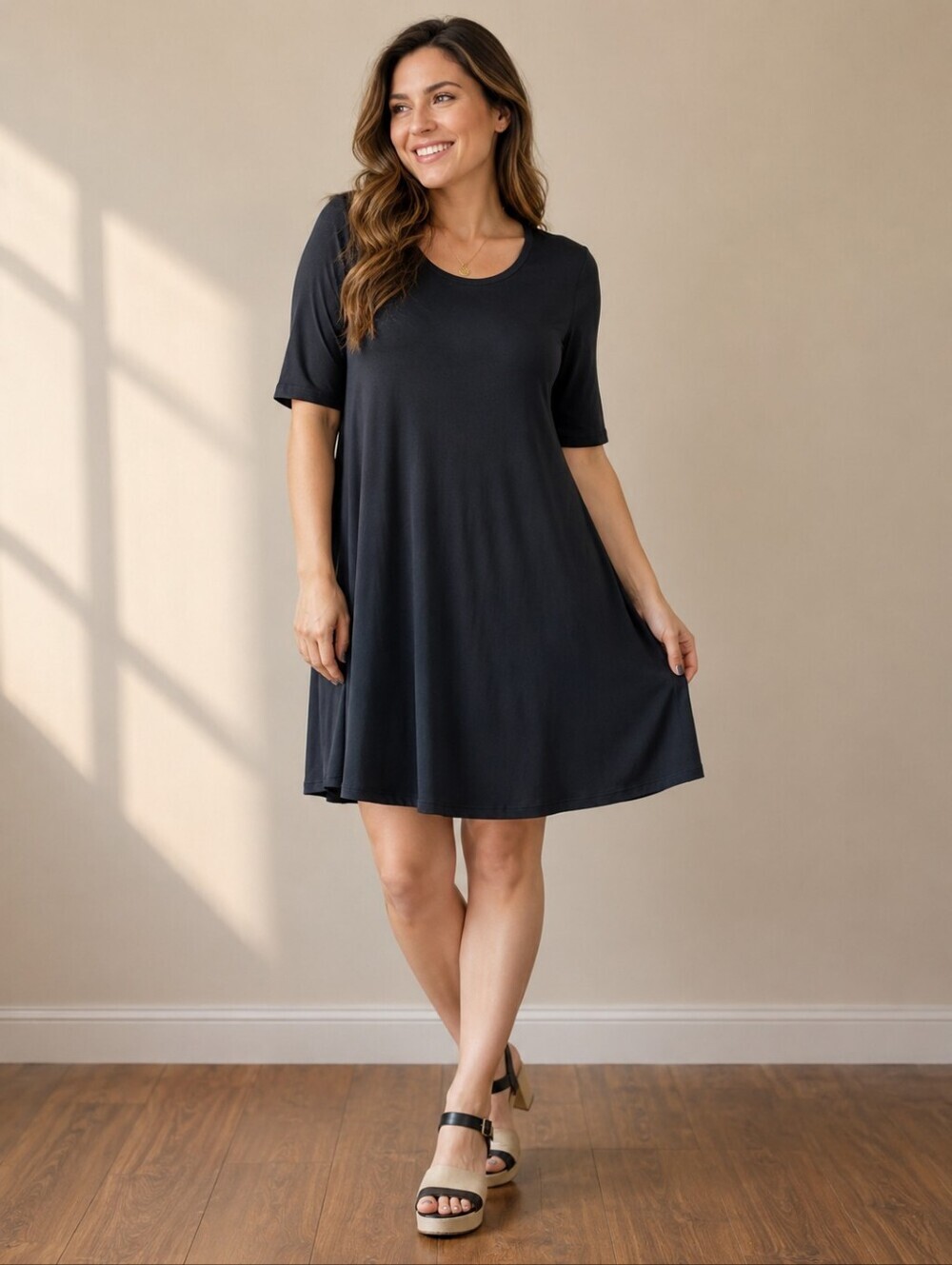 Eileen Fisher Black Jersey Knit Swing Dress Women's XL Rayon Blend 3/4 Sleeve
